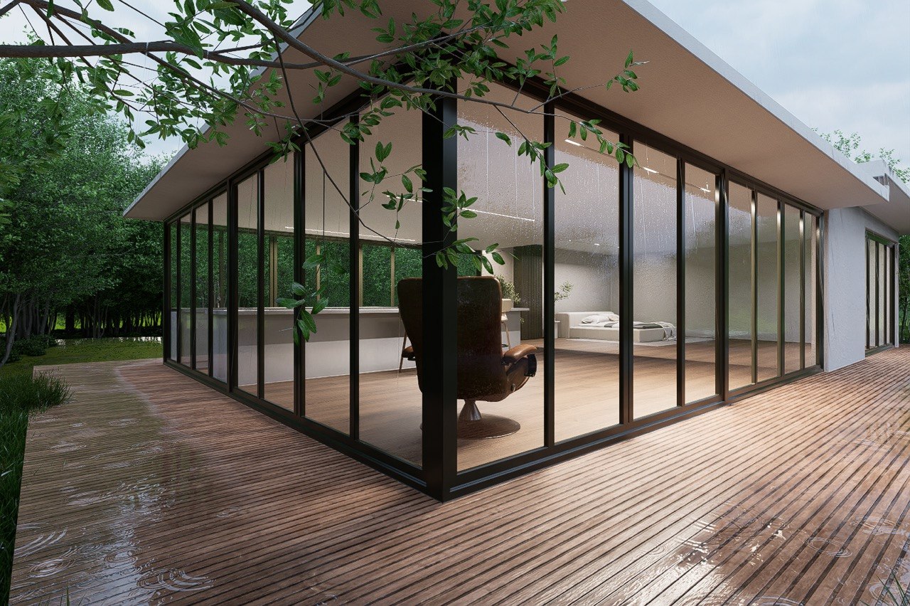Contemporary glass pavilion architectural visualization